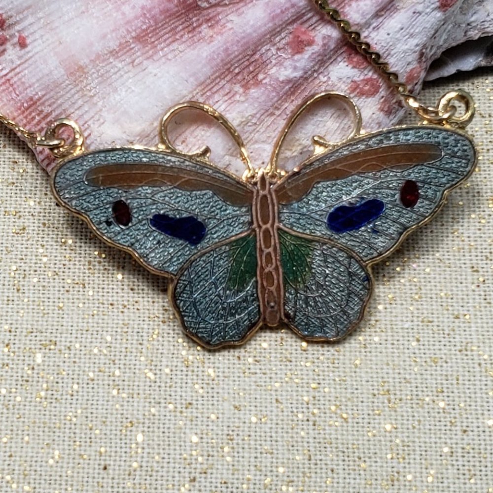Vintage cloisonne enamel goldwork butterfly gray